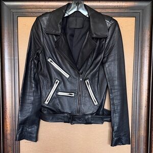 A.L.C. Black Leather Moto Jacket with White Accents